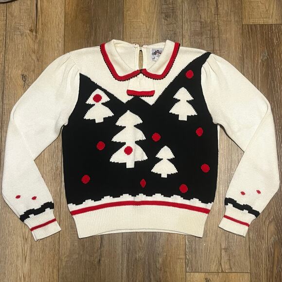 Lanz Original Sweaters - Vtg Lanz Originals Holiday Intarsia Knit Sweater M Peter Pan Collar Trees Folk